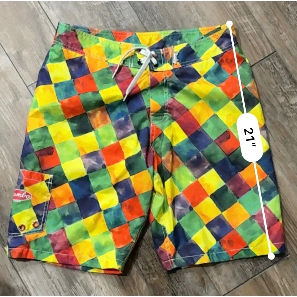 Mambo Board Shorts Mens Medium Multi Color Watercolor Checkerboard Swim Trunks